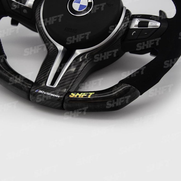 SHFT BMW F Series Flat Bottom Steering Wheel In Gloss Carbon Fibre & Alcantara