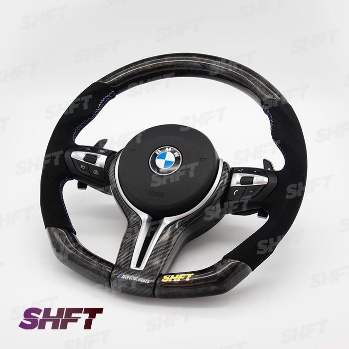 SHFT BMW F Series Flat Bottom Steering Wheel In Gloss Carbon Fibre & Alcantara