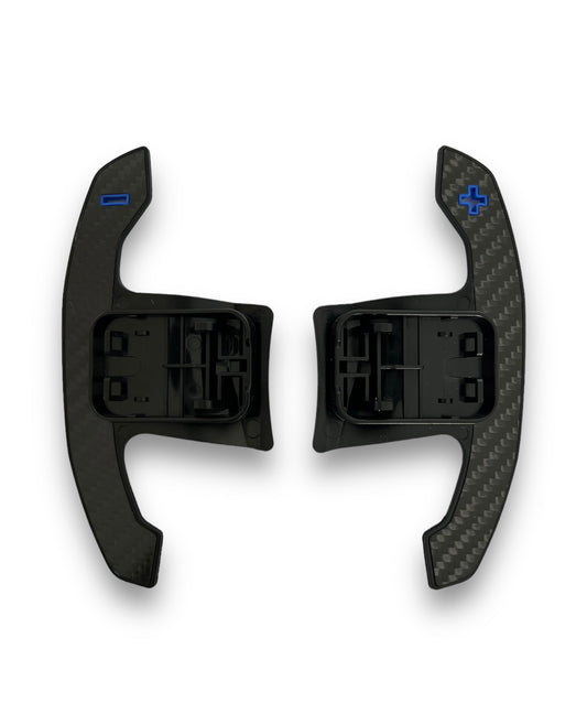 BMW G8X STYLE AUTOMATIC PADDLE SHIFTERS WITH BLUE DETAILS IN GLOSS CARBON FIBRE (F SERIES & G SERIES)