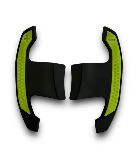 BMW G8X STYLE AUTOMATIC PADDLE SHIFTERS WITH LIME GREEN DETAILS IN GLOSS CARBON FIBRE (F SERIES & G SERIES)